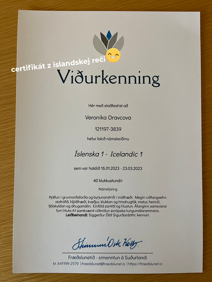Certifikát z kurzu islandčiny